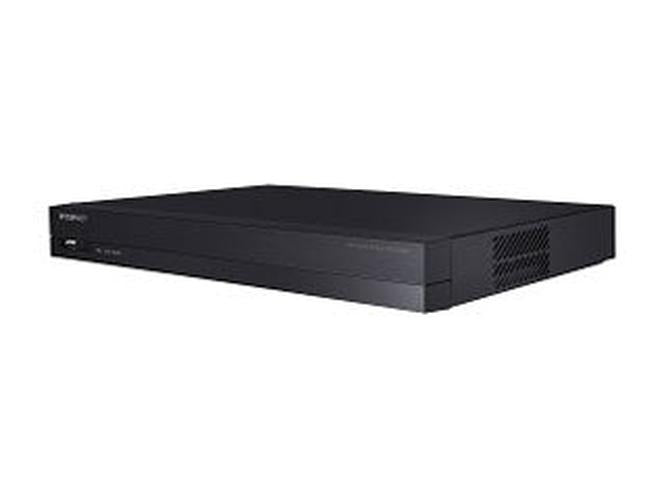 Zwarte Hanwha ARN-410S 4-kanaals netwerk videorecorder met compact design.