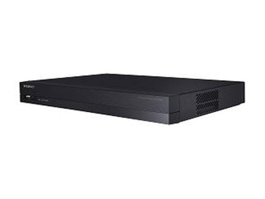 Zwarte Hanwha ARN-410S 4-kanaals netwerk videorecorder met compact design.