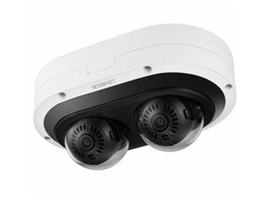 Wisenet panoramische buitencamera met witte behuizing en twee zwarte verstelbare cameralenzen voor 360-graden bewaking.