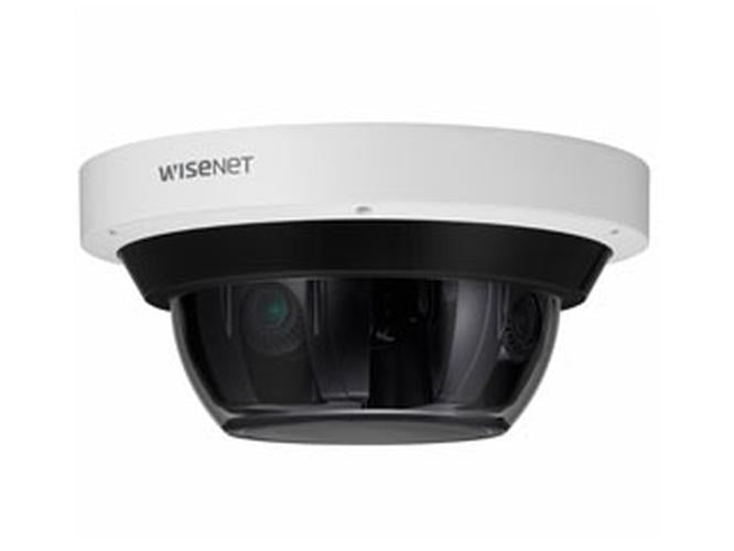 Wisenet 20MP 360° panoramische buitencamera met witte behuizing en zwarte dome-lens voor professionele bewaking.