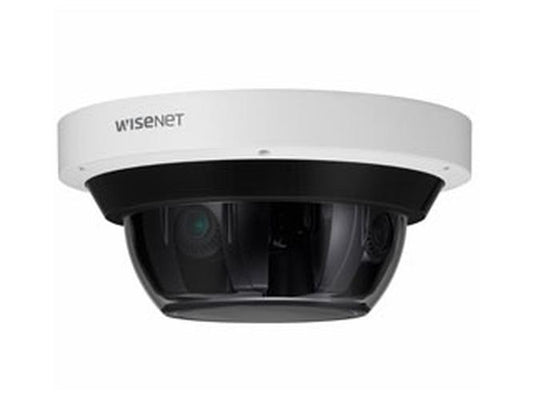 Wisenet 20MP 360° panoramische buitencamera met witte behuizing en zwarte dome-lens voor professionele bewaking.