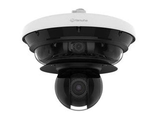 Witte Hanwha multi-sensor panorama dome camera met geïntegreerde zwarte PTZ-lens voor grootschalige bewaking.