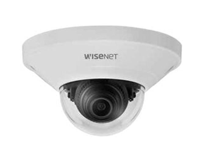 Witte Hanwha QND-6011 indoor dome beveiligingscamera met compact design en Wisenet logo.
