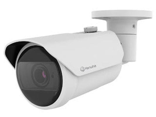 Witte Hanwha 8MP 4K bullet beveiligingscamera met varifocale lens en verstelbare muurbeugel voor buiten.