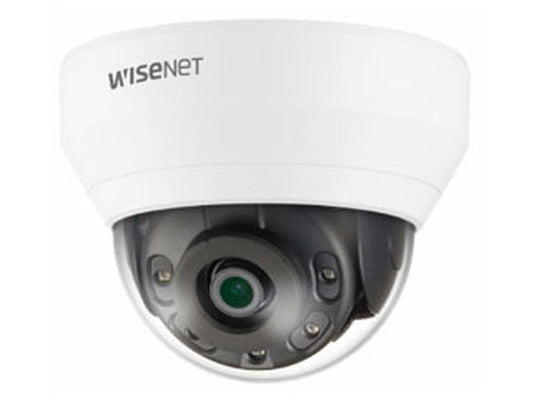 Wisenet QNV-6012R1 witte outdoor dome beveiligingscamera met 2MP lens en IR-nachtzicht.