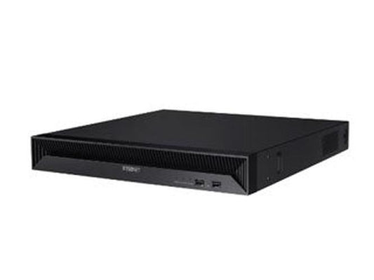 Zwarte Hanwha QRN-1630S 16-kanaals NVR netwerk videorecorder in een compacte 1U rackbehuizing.