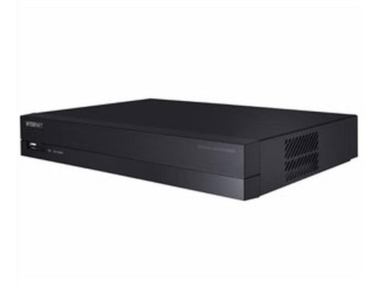 Zwarte Hanwha QRN-430S 4-kanaals NVR netwerk videorecorder met compact design voor professionele camerabeveiliging.