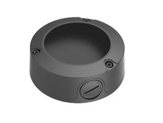 Grijze Hanwha SBO-126B ronde opbouwdoos voor professionele kabelgeleiding van beveiligingscamera's.