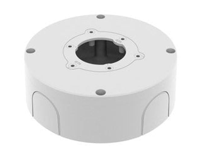 Witte Hanwha SBO-140BW ronde opbouwdoos voor nette kabelgeleiding van beveiligingscamera's.