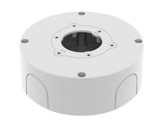 Witte Hanwha SBO-140BW ronde opbouwdoos voor nette kabelgeleiding van beveiligingscamera's.