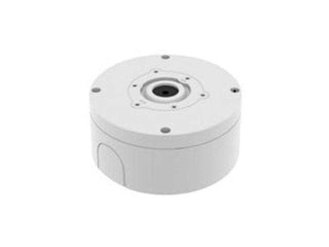 Witte, ronde Hanwha SBO-140WW weerbestendige buitenbehuizing voor beveiligingscamera's met montagegaten.