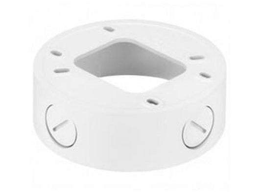 Witte, ronde Hanwha SBV-120GW aluminium wandbeugel voor beveiligingscamera's met montagegaten.