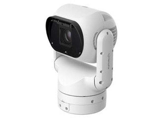 Witte Hanwha TNP-A6550RW PTZ-beveiligingscamera met grote lens en 55x optische zoom voor buiten.