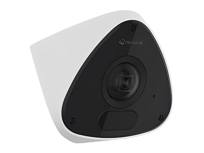 Witte Hanwha TNV-C7013RC outdoor fisheye beveiligingscamera met zwarte lenskap en panoramisch design.