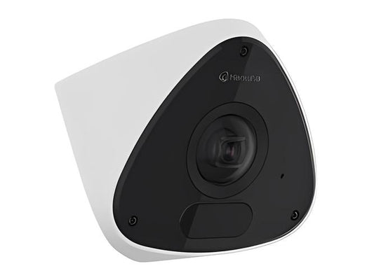 Witte Hanwha TNV-C7013RC outdoor fisheye beveiligingscamera met zwarte lenskap en panoramisch design.