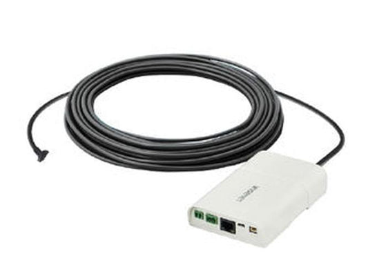 Witte Hanwha XNB-6001 box camera met aangesloten zwarte kabel en zichtbare netwerk- en stroomaansluitingen.