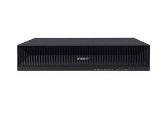 Zwarte Hanwha XRN-1620B2 16-kanaals NVR netwerk videorecorder met 2U rackontwerp en Wisenet logo.
