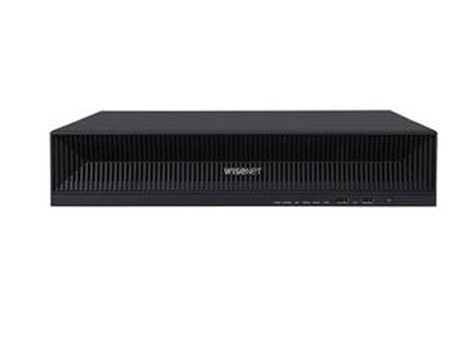Zwarte Hanwha XRN-1620SB1 16-kanaals NVR netwerk videorecorder in een compact 1U rackformaat behuizing.