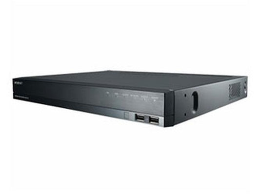 Zwarte Hanwha XRN-820S 8-kanaals NVR netwerk videorecorder in een compacte 1U rackbehuizing met USB-poorten aan de voorzijde.