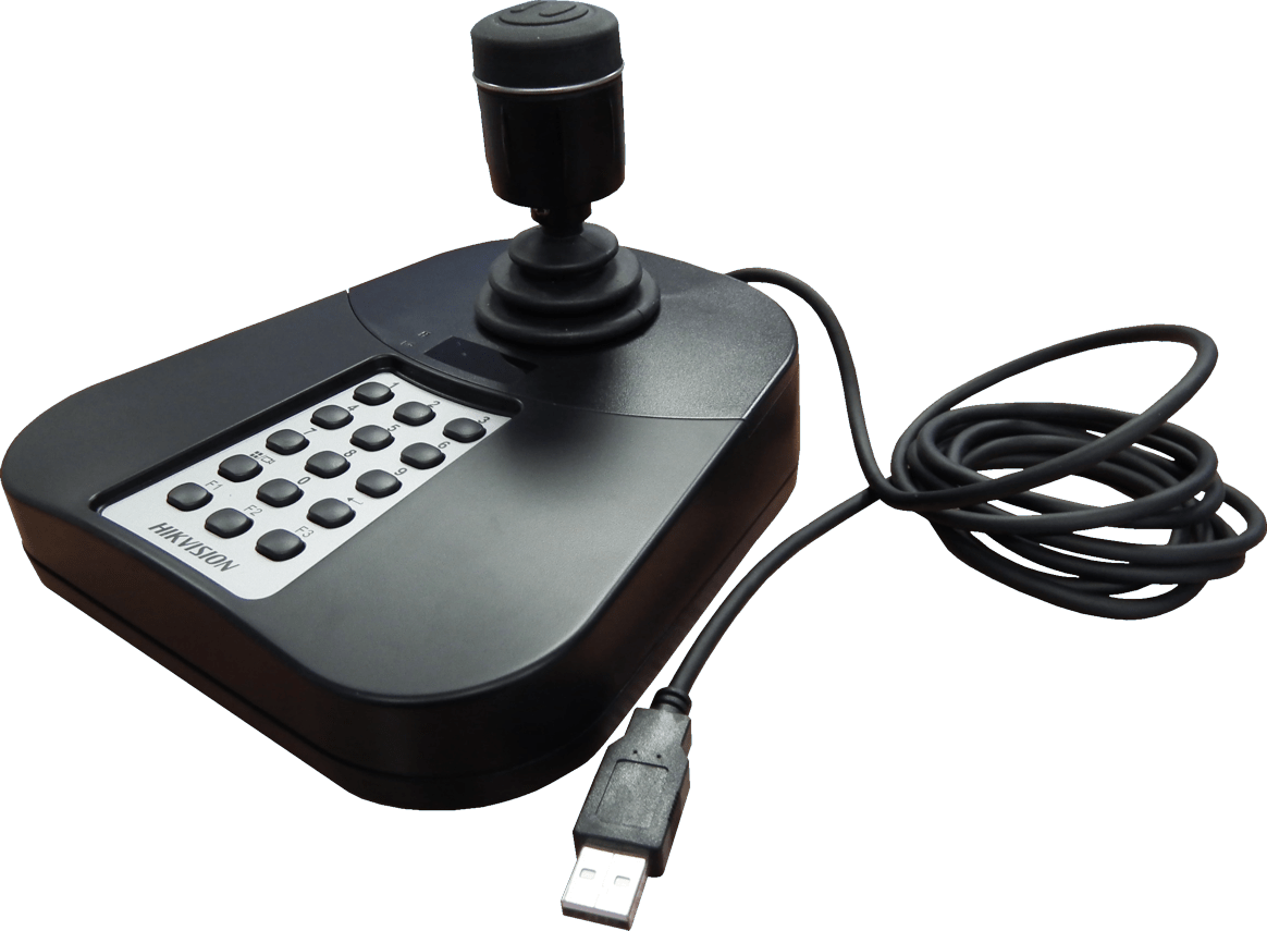 Zwarte Hikvision DS-1005KI USB-joystick met 3-assige bediening, numeriek toetsenbord en aangesloten USB-kabel.