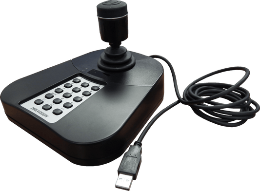 Zwarte Hikvision DS-1005KI USB-joystick met 3-assige bediening, numeriek toetsenbord en aangesloten USB-kabel.