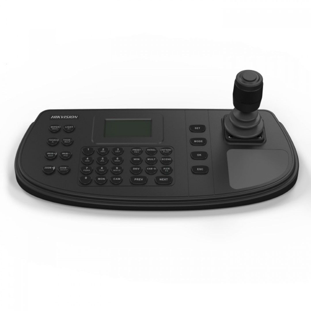 Zwart Hikvision DS-1200KI netwerktoetsenbord met 4-axis joystick, LCD-scherm en numeriek bedieningspaneel.