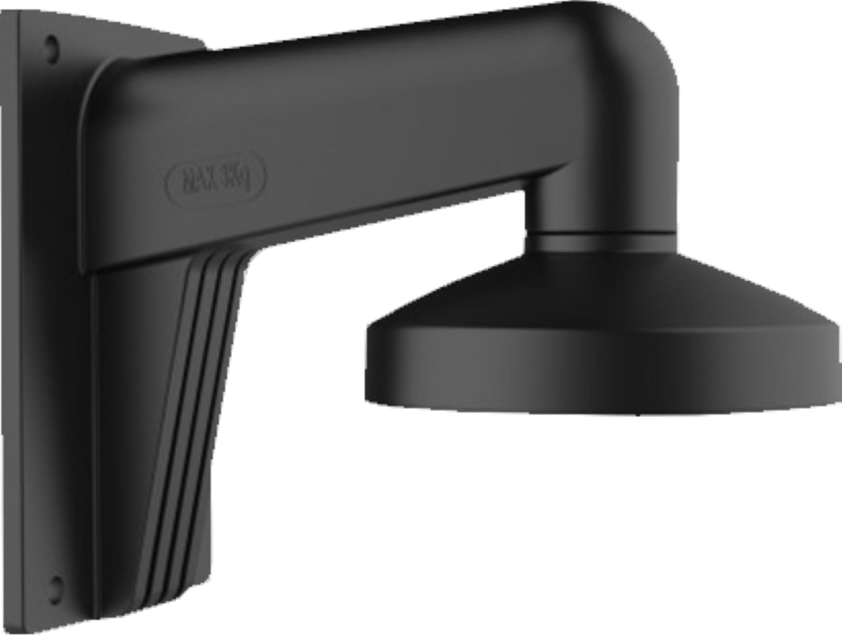 Zwarte aluminium Hikvision muurbeugel met geïntegreerde DM45 aansluitdoos voor dome camera's.