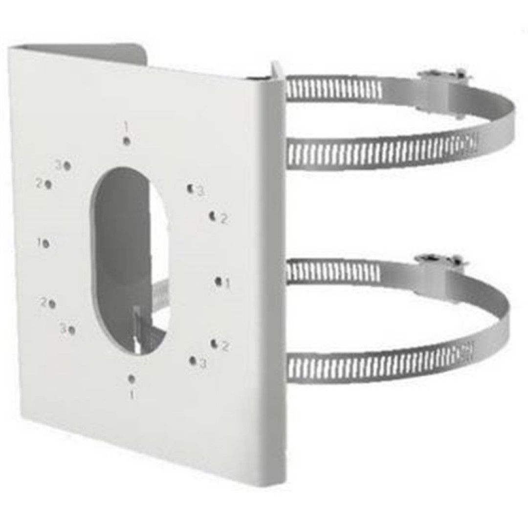 Witte roestvrij stalen Hikvision paalmontage voor beveiligingscamera's met twee verstelbare metalen bevestigingsbanden.