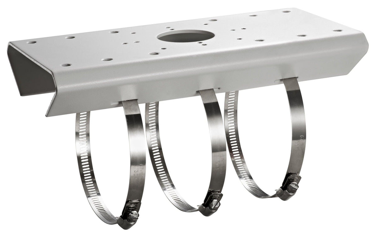 Witte roestvrij stalen Hikvision paalbeugel met drie metalen bevestigingsbanden voor buitenmontage.