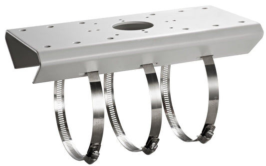 Witte roestvrij stalen Hikvision paalbeugel met drie metalen bevestigingsbanden voor buitenmontage.