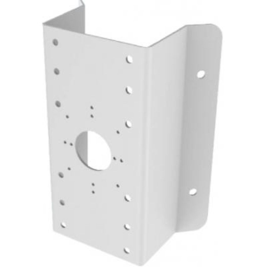 Witte roestvrij stalen Hikvision hoekbeugel voor beveiligingscamera's met montagegaten voor buiteninstallaties.
