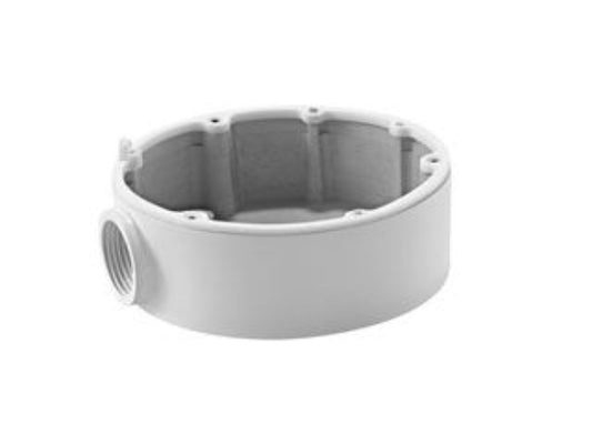 Witte Hikvision DS-1280ZJ-DM18 aluminium aansluitdoos voor dome camera's met ronde behuizing en kabeldoorvoer.