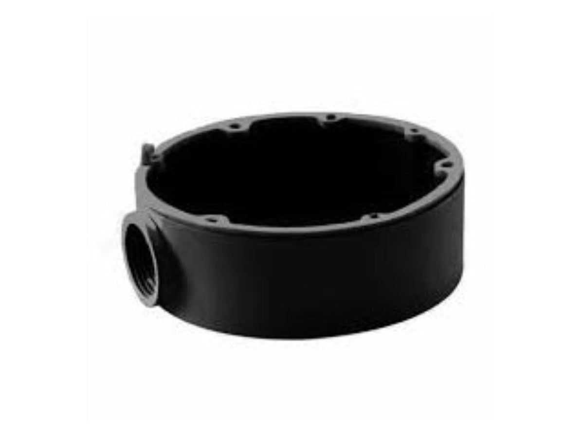 Zwarte aluminium aansluitdoos voor Hikvision dome camera's, Ø111mm, met kabeldoorvoer voor nette montage.