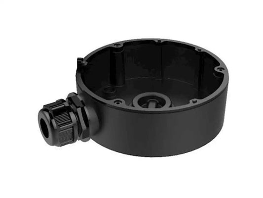 Zwarte aluminium aansluitdoos voor Hikvision dome camera's, Ø140mm, met kabeldoorvoer voor nette montage.