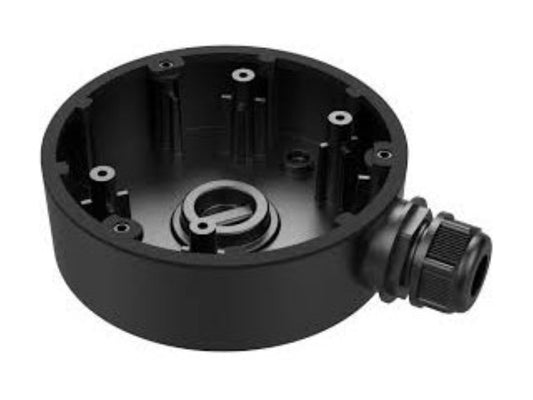 Zwarte aluminium aansluitdoos voor Hikvision dome camera's, diameter 120mm met kabelwartel.