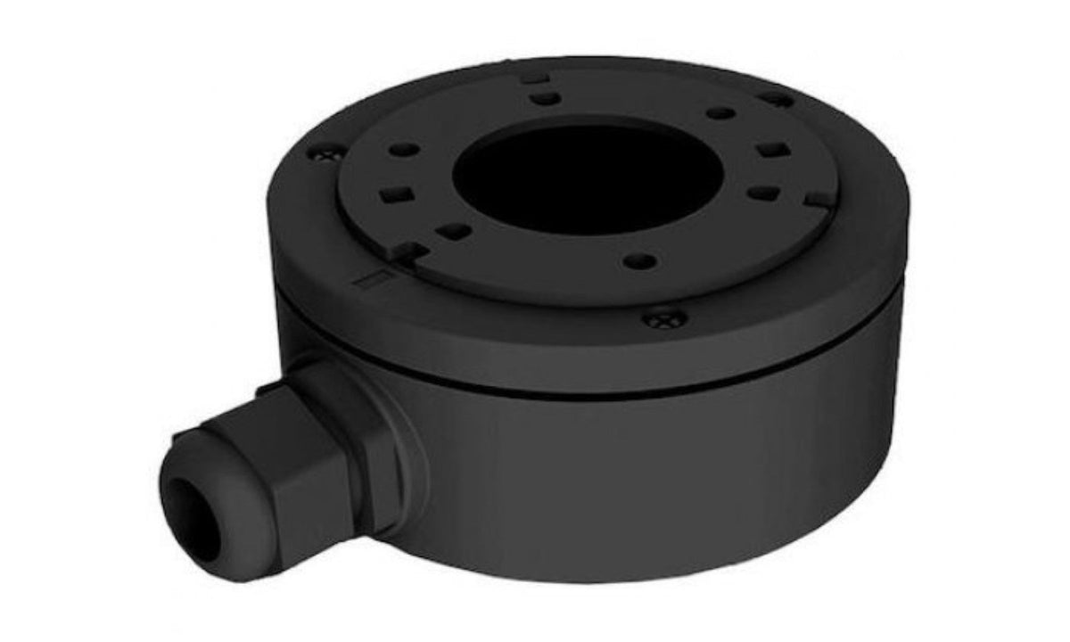 Zwarte Hikvision DS-1280ZJ-DM55 aluminium aansluitdoos voor dome camera's, Ø155mm, met kabeldoorvoer.