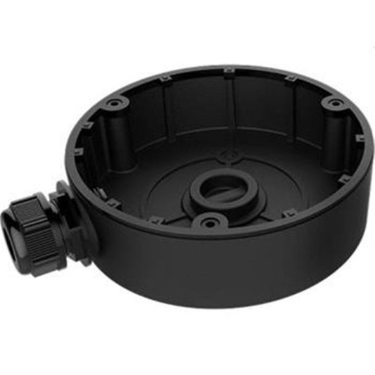 Zwarte Hikvision DS-1280ZJ-DM8 aluminium inbouwmontagebeugel voor dome camera's met zij-inlaat.