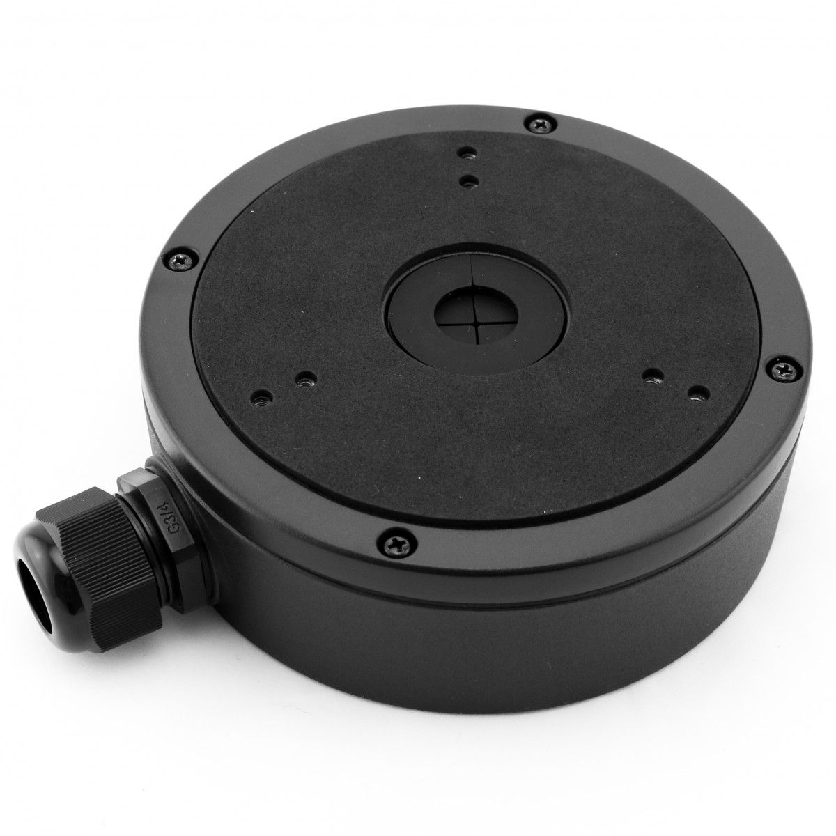 Zwarte ronde Hikvision DS-1280ZJ-M aluminium aansluitdoos voor dome camera's met kabeldoorvoer.