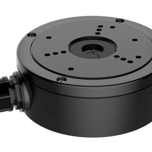 Zwarte aluminium aansluitdoos voor Hikvision dome camera's, diameter 137mm, voor nette kabelmontage.