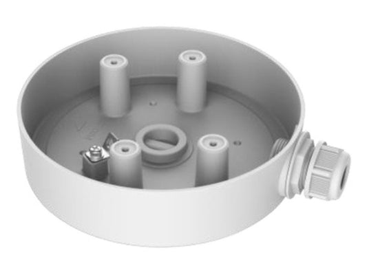 Witte Hikvision DS-1280ZJ-SD11 aluminium aansluitdoos voor 4-inch PTZ-camera's met kabelwartel.