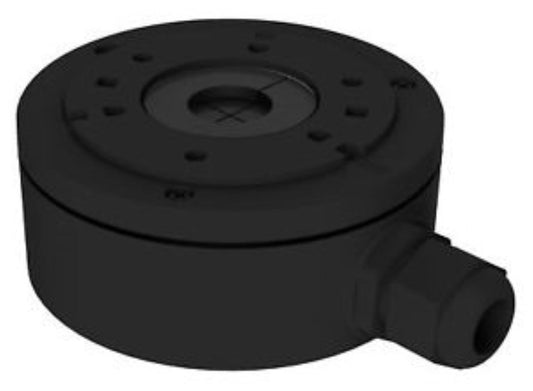 Zwarte Hikvision DS-1280ZJ-XS aluminium aansluitdoos voor dome en bullet camera's met een diameter van 100mm.