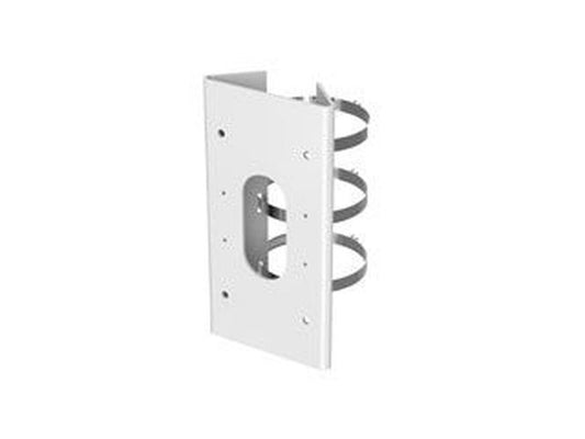 Witte Hikvision DS-1475ZJ-SUS paalbeugel van roestvrij staal met drie metalen bevestigingsringen.