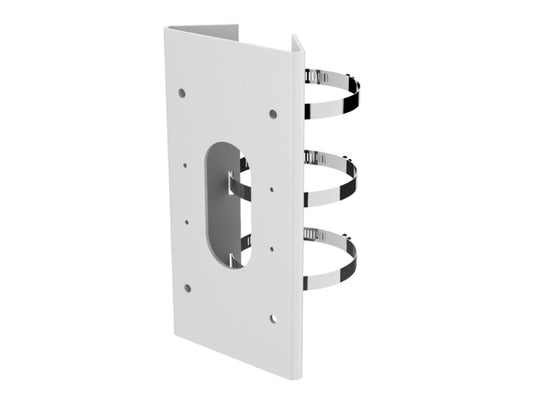 Witte roestvrij stalen Hikvision DS-1475ZJ-Y paalmontage voor beveiligingscamera's met drie verstelbare metalen klemmen.
