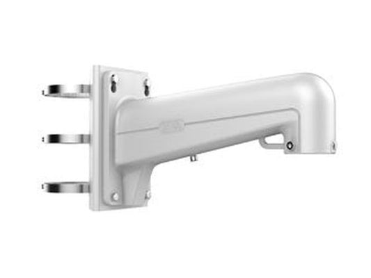 Grijze Hikvision DS-1602ZJ-Pole paalbeugel voor beveiligingscamera's met robuust ontwerp en drie montageklemmen.