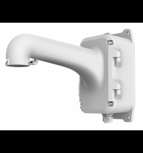 Witte aluminium muursteun voor Hikvision dome camera's met geïntegreerde aansluitdoos voor kabelbeheer.