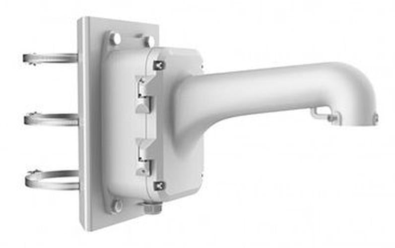 Witte aluminium Hikvision muursteun met geïntegreerde aansluitdoos en paalbevestiging voor speed dome camera's.