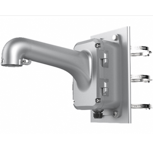 Witte Hikvision DS-1604ZJ-Pole-P paalbeugel voor PanoVu camera's met metalen montageplaat en drie verstelbare klembanden.
