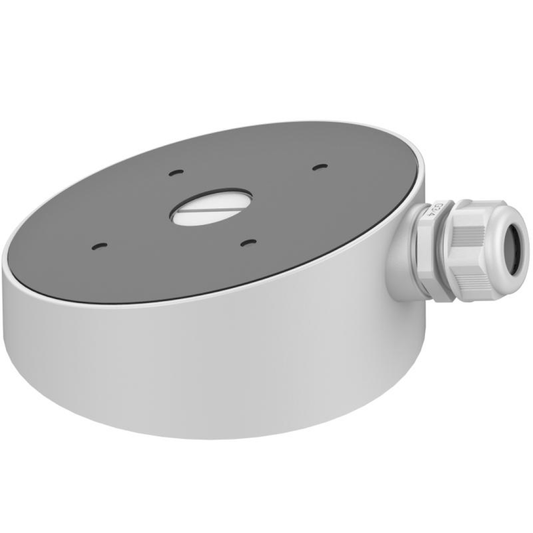 Witte Hikvision DS-2290ZJ-WA160 aluminium aansluitdoos voor dome camera's, 160mm diameter met kabelwartel.