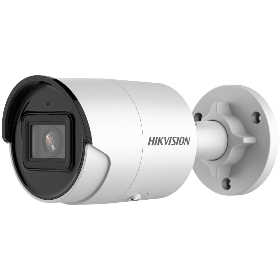 Witte Hikvision 8MP AcuSense bullet camera met zwarte lensbehuizing en verstelbare muurbeugel voor buitenbeveiliging.