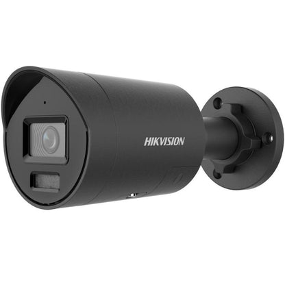Zwarte Hikvision 8MP ColorVu bulletcamera met actieve afschrikking en 2.8mm lens voor buiten.